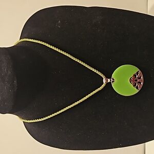 BIRCH HILL Enamel w/ Silvertone Pendant on Green Twill 18" Cord Necklace